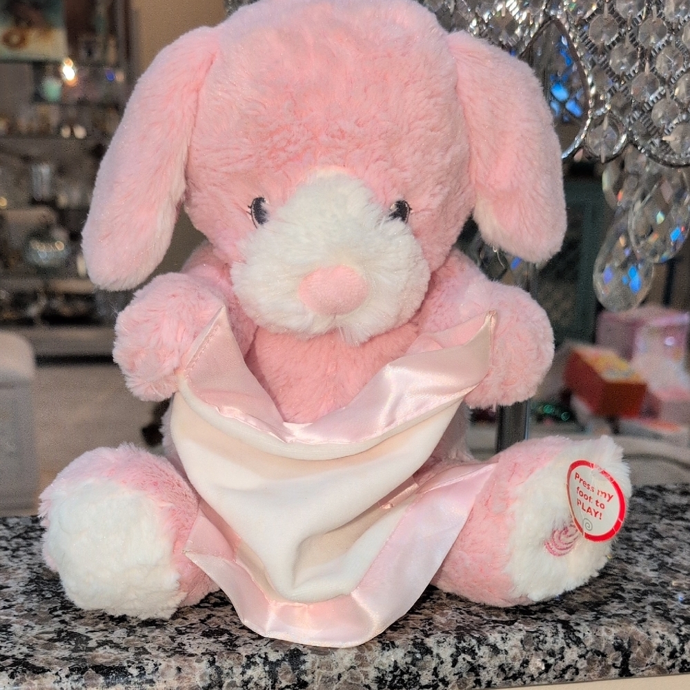 Pink and White Stuffed Peek-A-Boo Puppy Talking Plush Toy